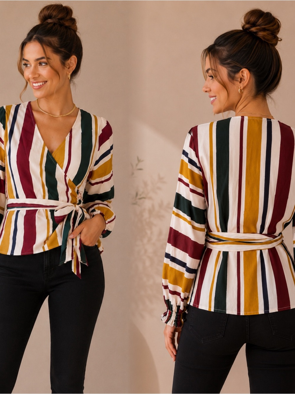 Striped Wrap Top in Mustard, Burgundy & Forest Green